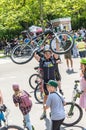 The event bicycle day. Bicyclists, adults and children, their portraits Royalty Free Stock Photo