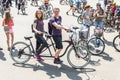 The event bicycle day. Bicyclists, adults and children, their portraits Royalty Free Stock Photo