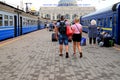 Odesa, Ukraine A crowd of people walking along the platform with bags, suitcases and luggage at the Odessa railway station.