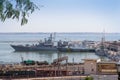 Odesa, Ukraine - July 03, 2016: Battleship HETMAN SAHAYDACHNY docked at Port during celebration day NAVY forces Royalty Free Stock Photo