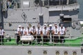 Odesa, Ukraine - July 03, 2016: Crew of warship 'Yuri Olefrienko' stands on the deck and preparing to meet the President Royalty Free Stock Photo