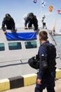 Odesa, Ukraine - July 03, 2016: Military sailors near new warship 'Akerman'. Celebration Ukrainian NAVY forces day