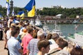 Odesa, Ukraine - July 03, 2016: people with flags on the docks of Odessa seaport during celebration Ukrainian NAVY day