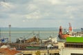 ODESA, UKRAINE - March 04. 2015. Seaport with cargo loading cranes, railway and pier. Autumn at sea