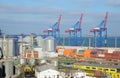 Odessa cargo port with grain dryers and colourful cranes,Ukraine,Black Sea,Europe Royalty Free Stock Photo
