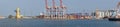 Odessa Commercial Sea Port and Marine Station.Panoramic shot of the industrial part of the port. Port cranes