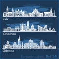 Odessa, Lviv, Chisinau - European City skyline set. Vector silhouette on blue.