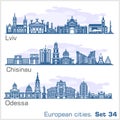 Odessa, Lviv, Chisinau - European City skyline set. Vector silhouette on white illustration.