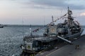 Odessa, Sea Port, Ukraine - August, 23, 2019: Military cruiser Hetman Sagaidachny on guard of Ukraine