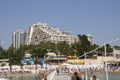 Odessa, South of Ukraine, Coast of a Black Sea, beach Ibiza club, June 28, 2018. People are resting at the water. Mainly cloudy w