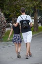 Odessa, South of Ukraine, Uspenskaya street, Lunapark, July 10, 2019. man and woman are walking on the city streets in summer