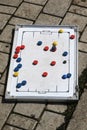 ODESSA, UKRAINE - APRIL 7, 2021: Football magnetic tactic board of soccer coach. Symbols of tactical training of team. Football Royalty Free Stock Photo