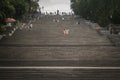 ODESSA, UKRAINE - AUGUST 6, 2014: Potemkin stairs with people descending them. The Odessa stairs, that got pictured in the famous