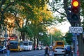 Odessa, Ukraine Ã¢â¬â August 4, 2020: Preobrazhenskaya street near the Cathedral square and city Park, green trees and people, road