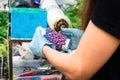 Odessa, Ukraine. August 26, 2019: The process of creating stand for a glass made from recycled plastic. The molten plastic exits