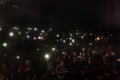 Odessa, Ukraine-circa 2019: large crowd of spectators at concert. Spectators in theater holds lighters and mobile phones at crowd Royalty Free Stock Photo