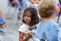 Odessa, Ukraine - CIRCA 2020: selective focus. Spectators-children in summer theater during popular children`s play. Children`s