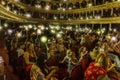 Odessa, Ukraine - CIRCA 2019: selective focus. Spectators children in theater during popular children`s play. Children`s Delight