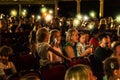 Odessa, Ukraine - CIRCA 2019: selective focus. Spectators children in theater during popular children`s play. Children`s Delight