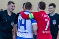 ODESSA, UKRAINE - CIRKA, 2020: domestic football. Footballers of local team play futsal mini-tournament. Acute tense moment of