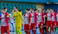 ODESSA, UKRAINE - CIRKA, 2020: domestic football. Footballers of local team play futsal mini-tournament. Acute tense moment of