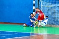 ODESSA, UKRAINE - CIRKA, 2020: domestic football. Footballers of local team play futsal mini-tournament. Acute tense moment of