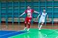 ODESSA, UKRAINE - CIRKA, 2020: domestic football. Footballers of local team play futsal mini-tournament. Acute tense moment of