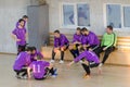 ODESSA, UKRAINE - CIRKA, 202020: Unidentified local team players play futsal futsal tournament on the parquet floor. The right mom