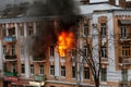 Odessa, Ukraine - December 29, 2016: A fire in an apartment building. Strong bright light and clubs, smoke clouds window of their