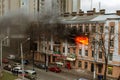 Odessa, Ukraine - December 29, 2016: A fire in an apartment building. Strong bright light and clubs, smoke clouds window of their