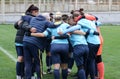 ODESSA, UKRAINE -31 DECEMBER 2021: Women's football on grass field of stadium. Football Championship among women White - FC