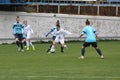 ODESSA, UKRAINE -31 DECEMBER 2021: Women\'s football on grass field of stadium. Football Championship among women White - FC