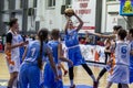 Odessa, Ukraine - Feb. 16, 2019: Sporting holiday children`s basketball school league. Teenagers play basketball, participate in Royalty Free Stock Photo