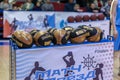 Odessa, Ukraine - February 16, 2019: official basketball ball of a children`s sport tournament. New golden basketball on a specia