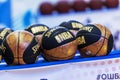 Odessa, Ukraine - February 16, 2019: official basketball ball of a children`s sport tournament. New golden basketball on a specia