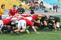 ODESSA, UKRAINE -2020.10.17 - Final of Ukrainian rugby championship CREDO Odessa - red, OLYMPIK Kharkiv black Intense struggle