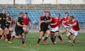 ODESSA, UKRAINE -2020.10.17 - Final of Ukrainian rugby championship CREDO Odessa - red, OLYMPIK Kharkiv black Intense struggle