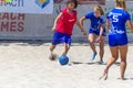 Odessa, Ukraine-July 21, 2019: Beach Soccer Championship among amateur women on beach. Soccer in sand. Young beautiful girls