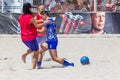 Odessa, Ukraine-July 21, 2019: Beach Soccer Championship among amateur women on beach. Soccer in sand. Young beautiful girls