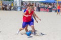 Odessa, Ukraine-July 21, 2019: Beach Soccer Championship among amateur women on beach. Soccer in sand. Young beautiful girls