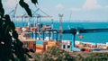 Odessa Ukraine - July 2021: Bulk carrier ship under load of clinker cargo loading by shore cranes with grabs. Sea