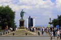 ODESSA, UKRAINE - JULY 07, 2018: Duke Richelieu the famous monument near the Potemkin stairs and the marine station, the Black sea