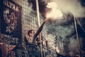 ODESSA, UKRAINE - July 21, 2018: Fans and ultras flare flares for the gate and throw them on the field during the finals of the