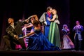 ODESSA, UKRAINE - July 14, 2019: Group of actors in action on stage of Odessa Opera and Ballet Theater during performance of