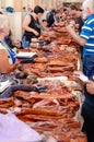 Odessa, Ukraine - July 18, 2019. Privoz market. Various smoked meats, sausages and bacon on a market counter for sale Royalty Free Stock Photo