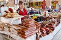 Odessa, Ukraine - July 18, 2019. Privoz market. Various smoked meats, sausages and bacon on a market counter for sale Royalty Free Stock Photo