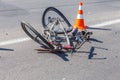 ODESSA, UKRAINE - June 13, 2019: Fatal accident car with a bicycle on a high-speed highway. Ricked bike after colliding with a car Royalty Free Stock Photo