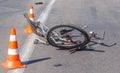 ODESSA, UKRAINE - June 13, 2019: Fatal accident car with a bicycle on a high-speed highway. Ricked bike after colliding with a car Royalty Free Stock Photo