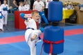 ODESSA, UKRAINE - JUNE 3, 22023: Participants in karate competition among children. Many children participate in martial arts