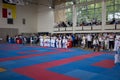 ODESSA, UKRAINE - JUNE 3, 22023: Participants in karate competition among children. Many children participate in martial arts